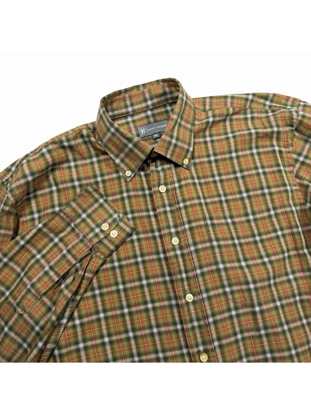 Hickey Freeman Men’s Woven in Italy Green Orange Plaid Button-Down Shirt Size M